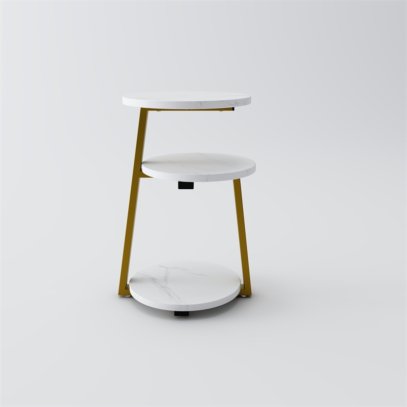 White Gold 3 Tier Round Side Table Solid Wood Nightstand