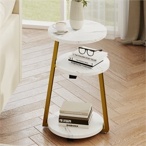 White Gold 3 Tier Round Side Table Solid Wood Nightstand