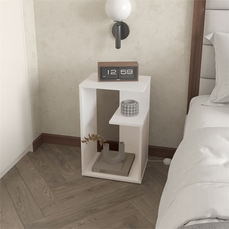 Vega White Side Table with Open Storage in Solid Wood