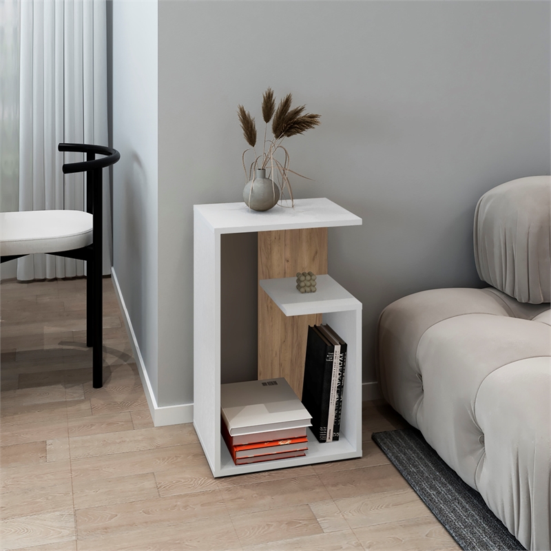 25  White Side Table with 1 Shelf Engineered Wood