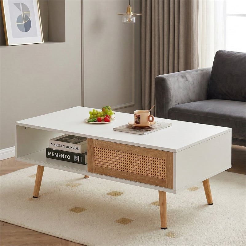 41 Modern White Rattan Coffee Table with Wood Legs and Storage Sliding Door