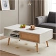 41 Modern White Rattan Coffee Table with Wood Legs and Storage Sliding Door