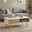 41 Modern White Rattan Coffee Table with Wood Legs and Storage Sliding Door