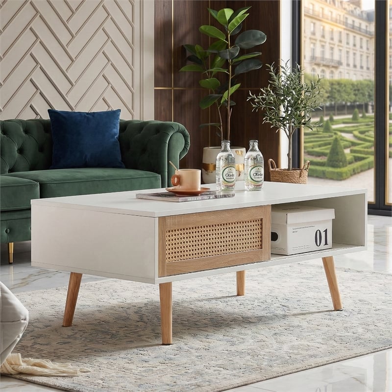 41 Modern White Rattan Coffee Table with Wood Legs and Storage Sliding Door