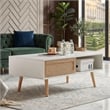 41 Modern White Rattan Coffee Table with Wood Legs and Storage Sliding Door
