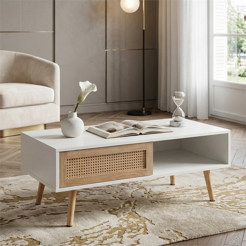 41 Modern White Rattan Coffee Table with Wood Legs and Storage Sliding Door