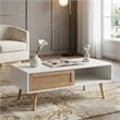 41 Modern White Rattan Coffee Table with Wood Legs and Storage Sliding Door