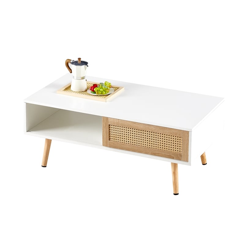 41 Modern White Rattan Coffee Table with Wood Legs and Storage Sliding Door