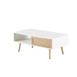 41 Modern White Rattan Coffee Table with Wood Legs and Storage Sliding Door