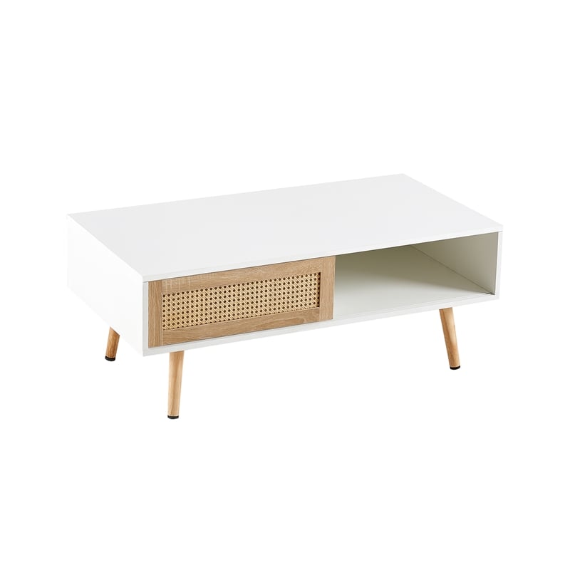 41 Modern White Rattan Coffee Table with Wood Legs and Storage Sliding Door