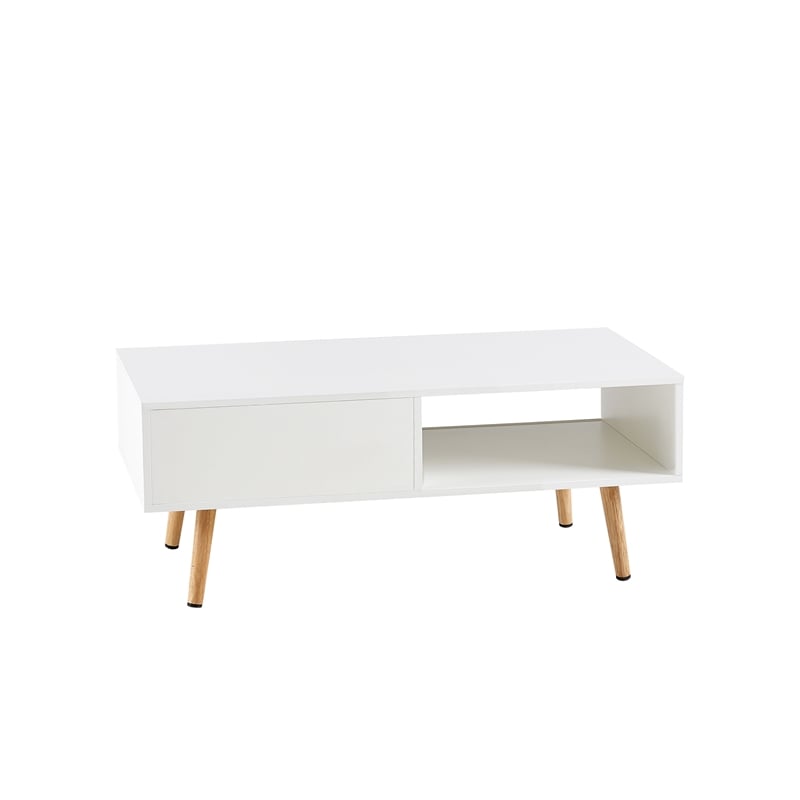 41 Modern White Rattan Coffee Table with Wood Legs and Storage Sliding Door