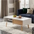 41 Modern White Rattan Coffee Table with Wood Legs and Storage Sliding Door