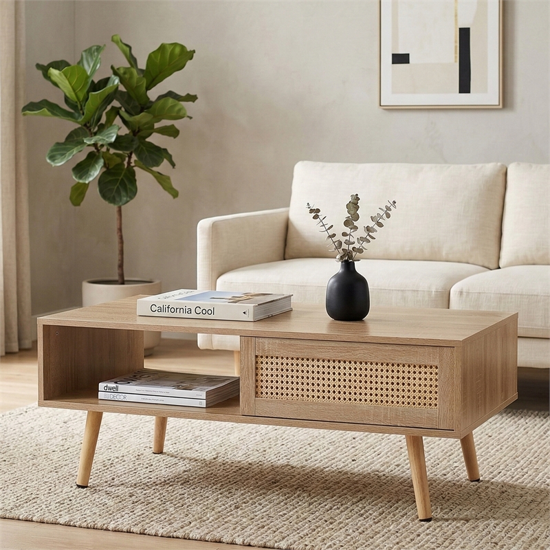 41 Modern Rattan Coffee Table with  Storage and Wood Legs Natural