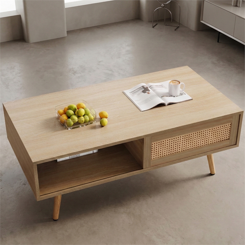 41 Modern Rattan Coffee Table with  Storage and Wood Legs Natural