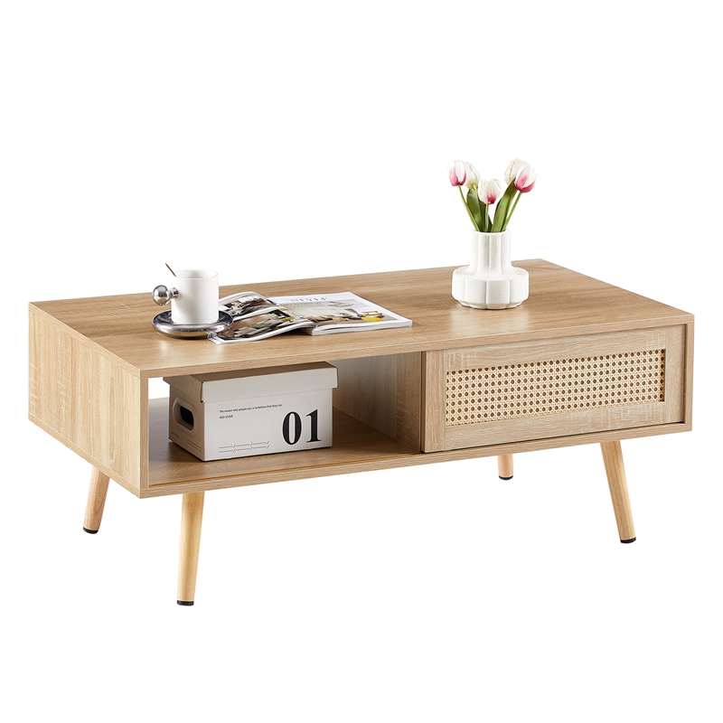 41 Modern Rattan Coffee Table with  Storage and Wood Legs Natural