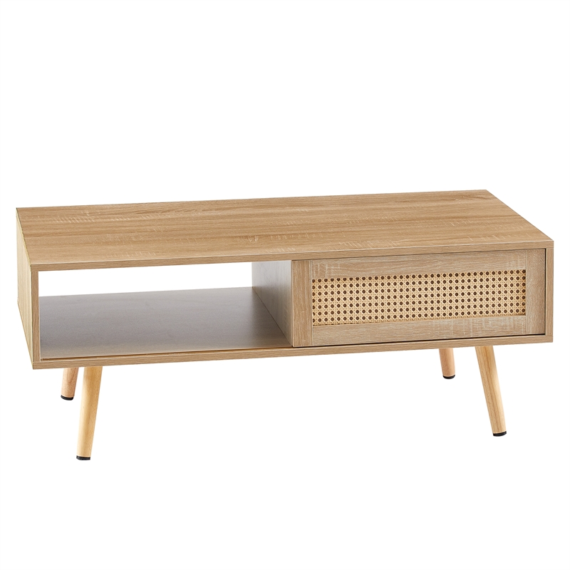 41 Modern Rattan Coffee Table with  Storage and Wood Legs Natural