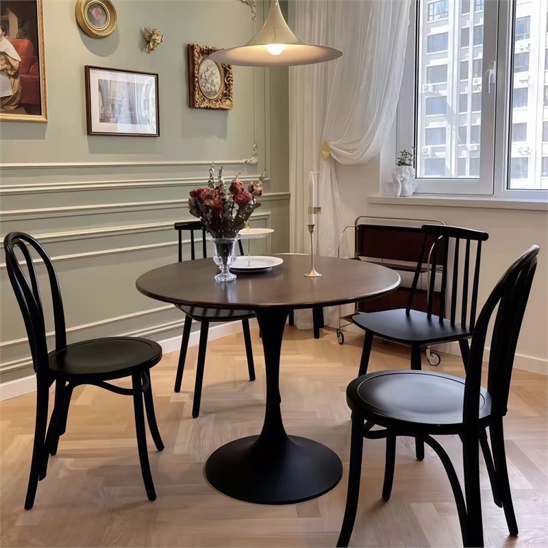 31.5 Round Walnut Dining Table  Mid Century Metal Base Tulip Kitchen Table