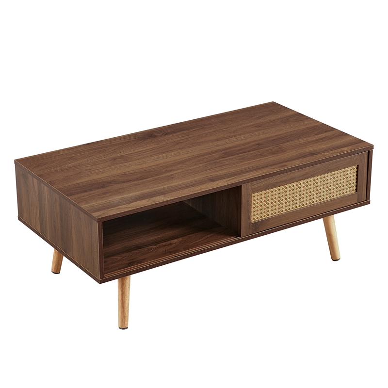 Modern Walnut  Rattan Coffee Table with Wood Legs