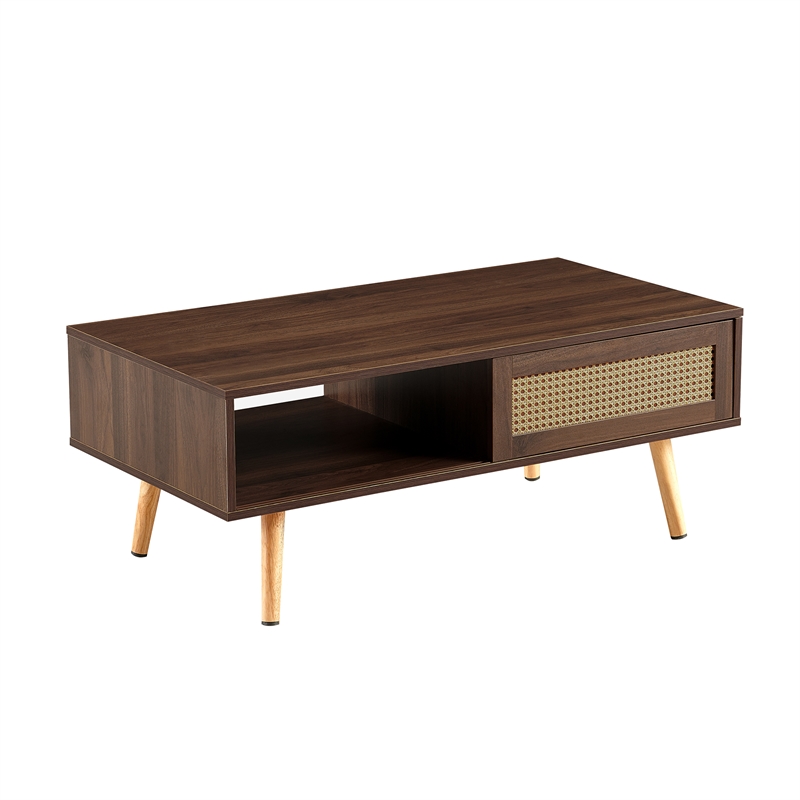 Modern Walnut  Rattan Coffee Table with Wood Legs