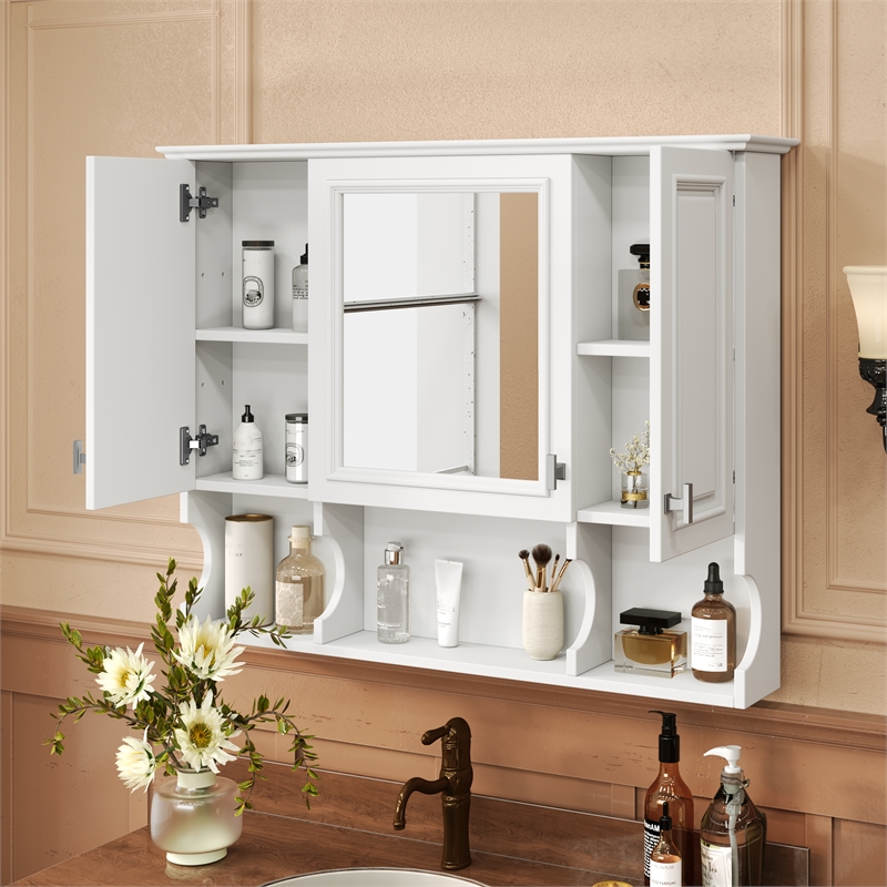 Wall Mounted White Wood Mirror Medicine Cabinet with Open Shelves