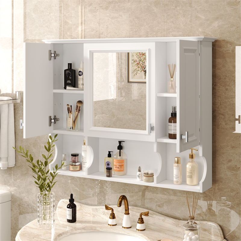 Wall Mounted White Wood Mirror Medicine Cabinet with Open Shelves