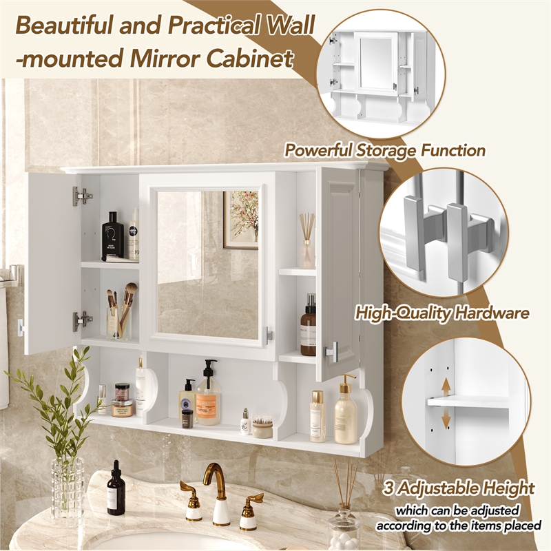 Wall Mounted White Wood Mirror Medicine Cabinet with Open Shelves