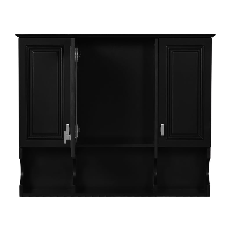 Black Wood Wall Mounted Bathroom Medicine Cabinet with Mirror and Open Shelves