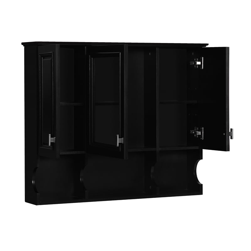Black Wood Wall Mounted Bathroom Medicine Cabinet with Mirror and Open Shelves