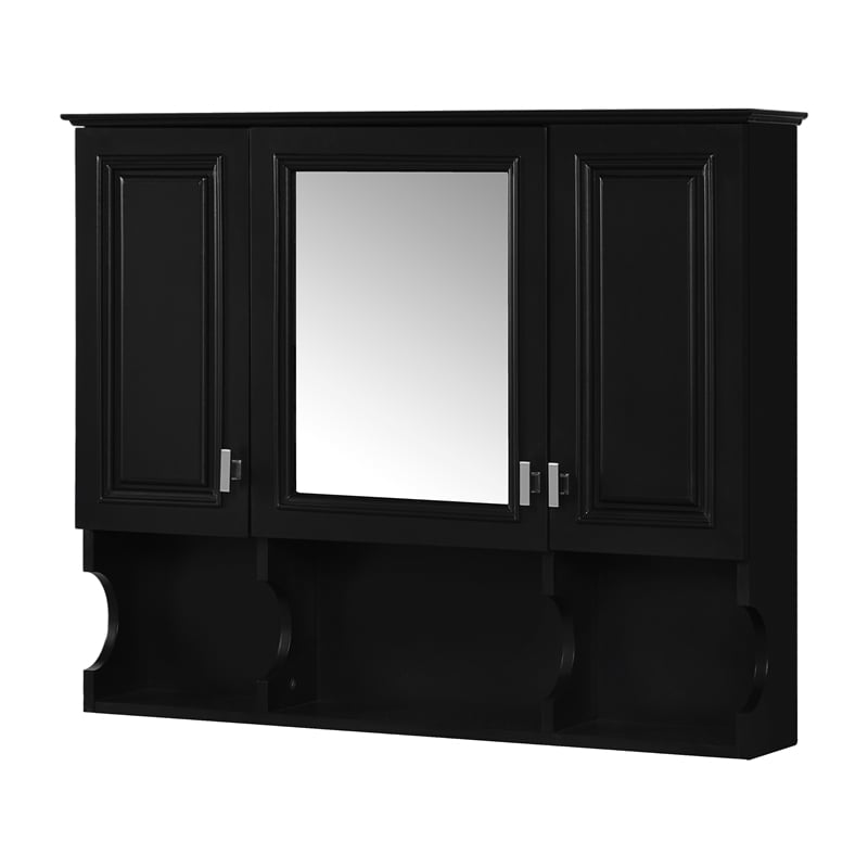 Black Wood Wall Mounted Bathroom Medicine Cabinet with Mirror and Open Shelves