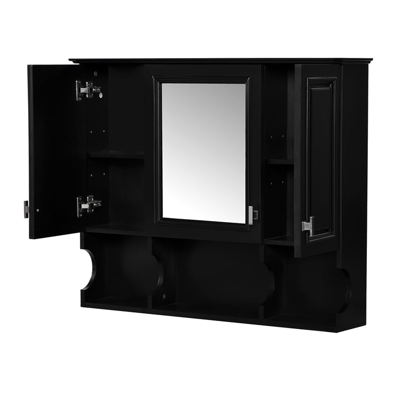Black Wood Wall Mounted Bathroom Medicine Cabinet with Mirror and Open Shelves