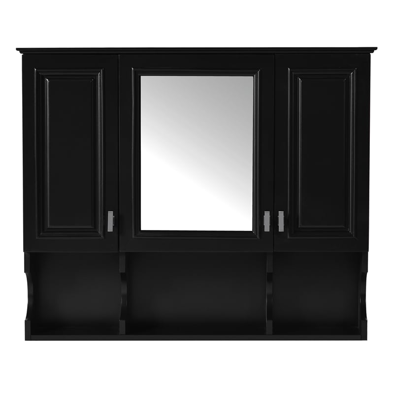 Black Wood Wall Mounted Bathroom Medicine Cabinet with Mirror and Open Shelves