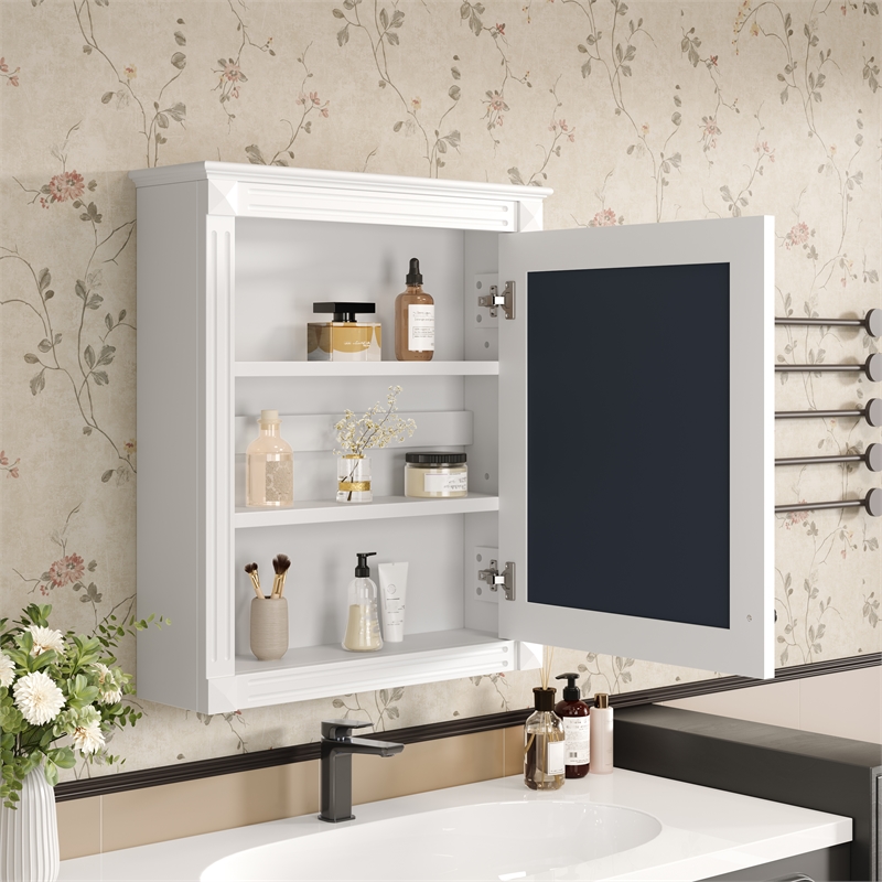 White Wood Wall Mounted Mirror Medicine Cabinet Bathroom Storage Organizer