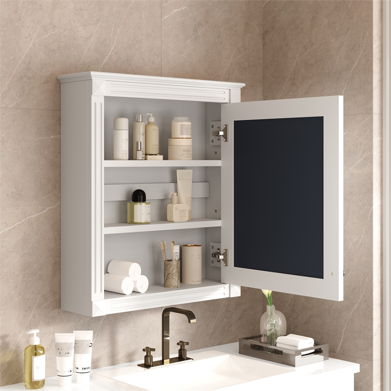White Wood Wall Mounted Mirror Medicine Cabinet Bathroom Storage Organizer