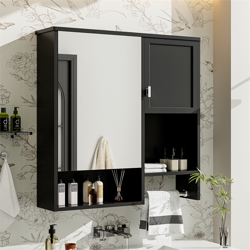 Black Wood Wall Mounted Bathroom Medicine Cabinet with Mirror and Towel Bar