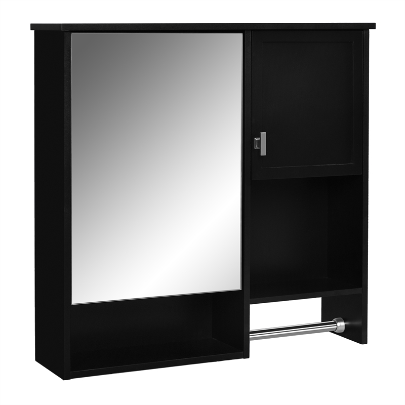 Black Wood Wall Mounted Bathroom Medicine Cabinet with Mirror and Towel Bar