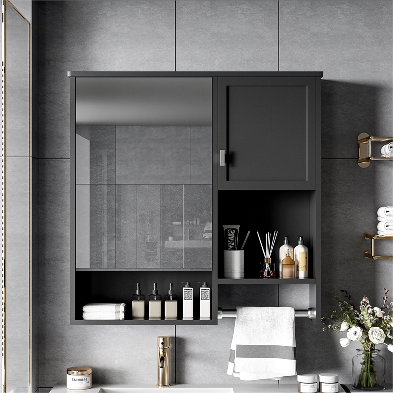 Black Wood Wall Mounted Bathroom Medicine Cabinet with Mirror and Towel Bar