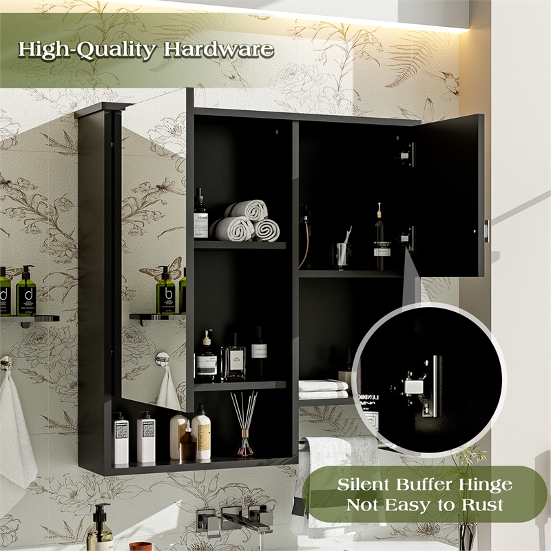 Black Wood Wall Mounted Bathroom Medicine Cabinet with Mirror and Towel Bar