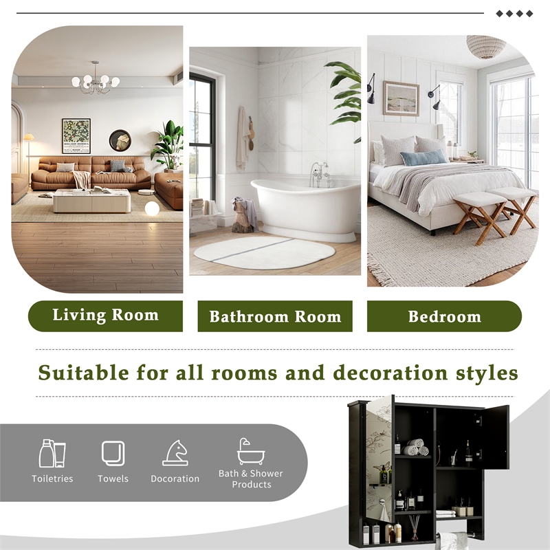 Black Wood Wall Mounted Bathroom Medicine Cabinet with Mirror and Towel Bar