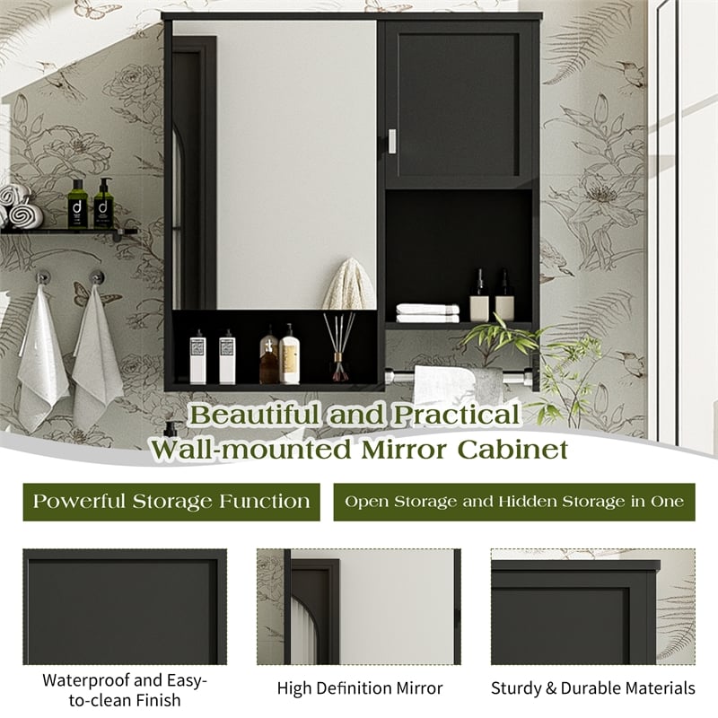 Black Wood Wall Mounted Bathroom Medicine Cabinet with Mirror and Towel Bar