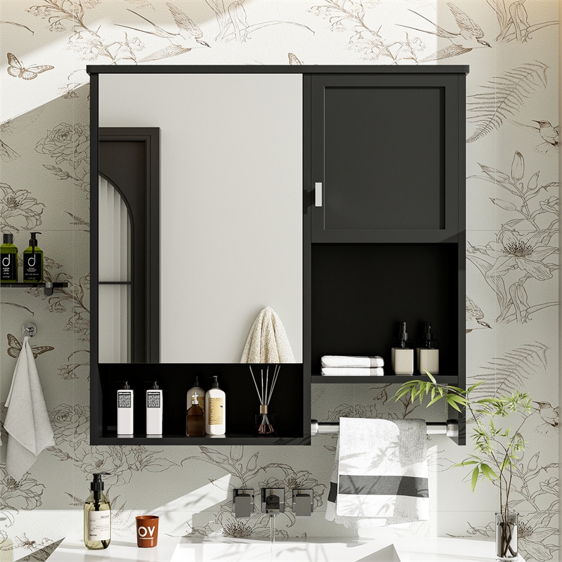 Black Wood Wall Mounted Bathroom Medicine Cabinet with Mirror and Towel Bar