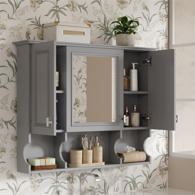 Gray Wood Wall Mounted Bathroom Medicine Cabinet with Mirror and Open Shelves