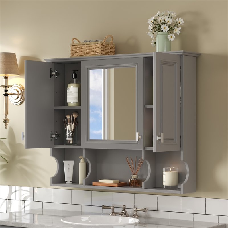 Gray Wood Wall Mounted Bathroom Medicine Cabinet with Mirror and Open Shelves