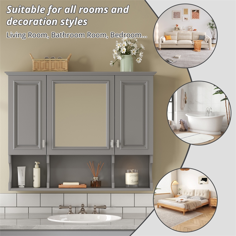 Gray Wood Wall Mounted Bathroom Medicine Cabinet with Mirror and Open Shelves