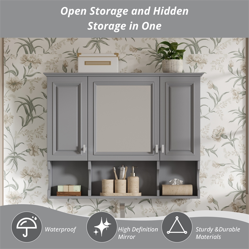 Gray Wood Wall Mounted Bathroom Medicine Cabinet with Mirror and Open Shelves
