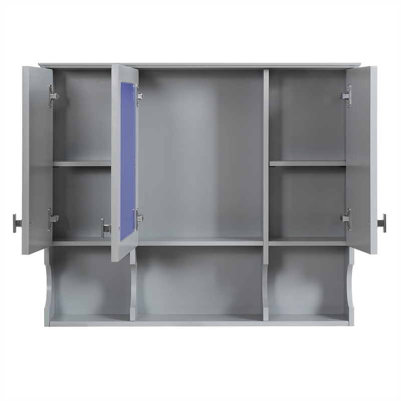 Gray Wood Wall Mounted Bathroom Medicine Cabinet with Mirror and Open Shelves