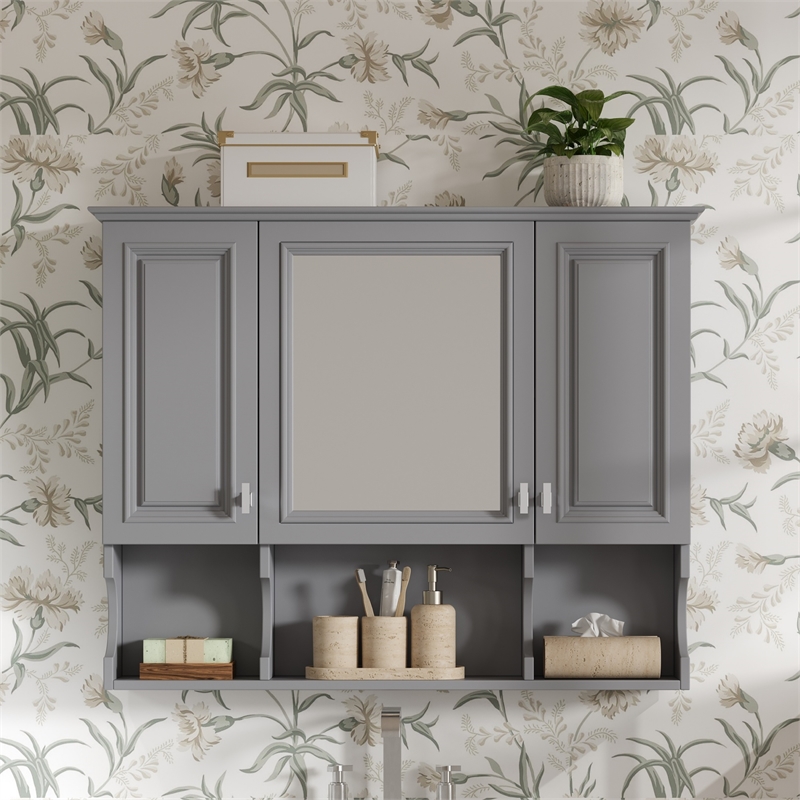 Gray Wood Wall Mounted Bathroom Medicine Cabinet with Mirror and Open Shelves