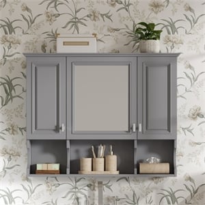 Gray Wood Wall Mounted Bathroom Medicine Cabinet with Mirror and Open Shelves