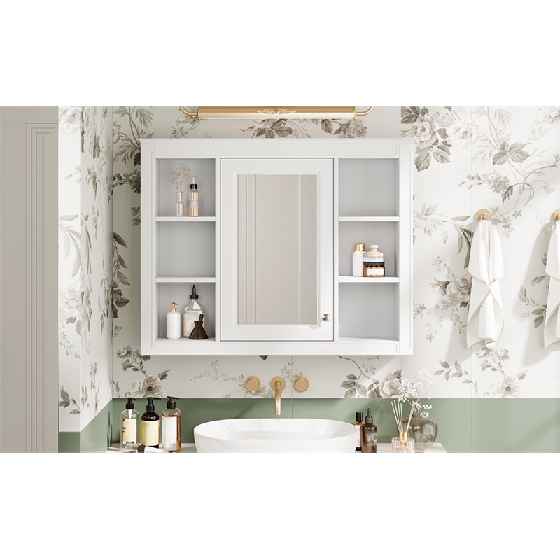 White Wood Medicine Cabinet with Mirror and 6 Open Shelves Wall Mounted Storage
