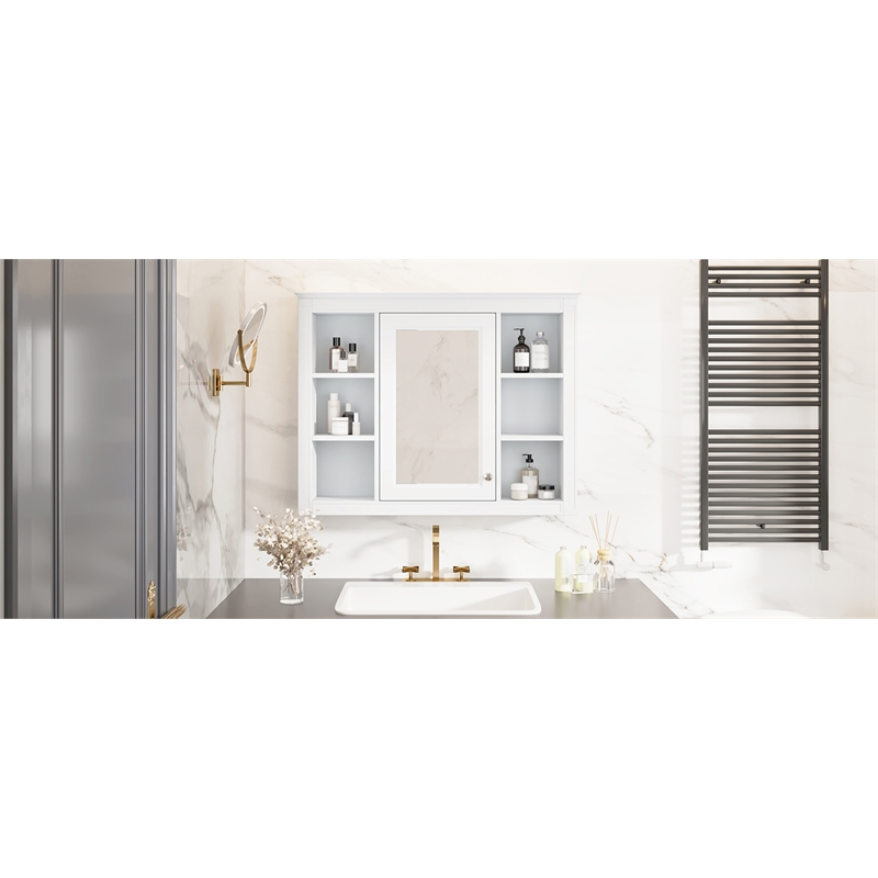 White Wood Medicine Cabinet with Mirror and 6 Open Shelves Wall Mounted Storage