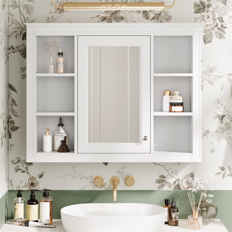 White Wood Medicine Cabinet with Mirror and 6 Open Shelves Wall Mounted Storage